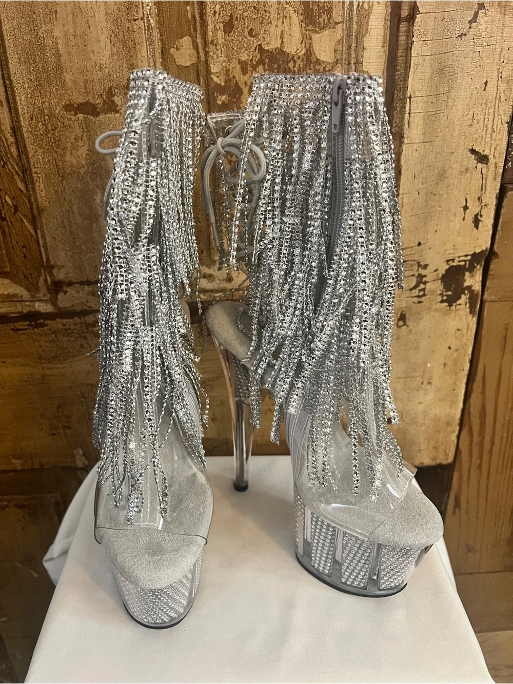 Pleaser Crystal Fringe Platform Heels | Rhinestone Clear Silver | NIB Size 8